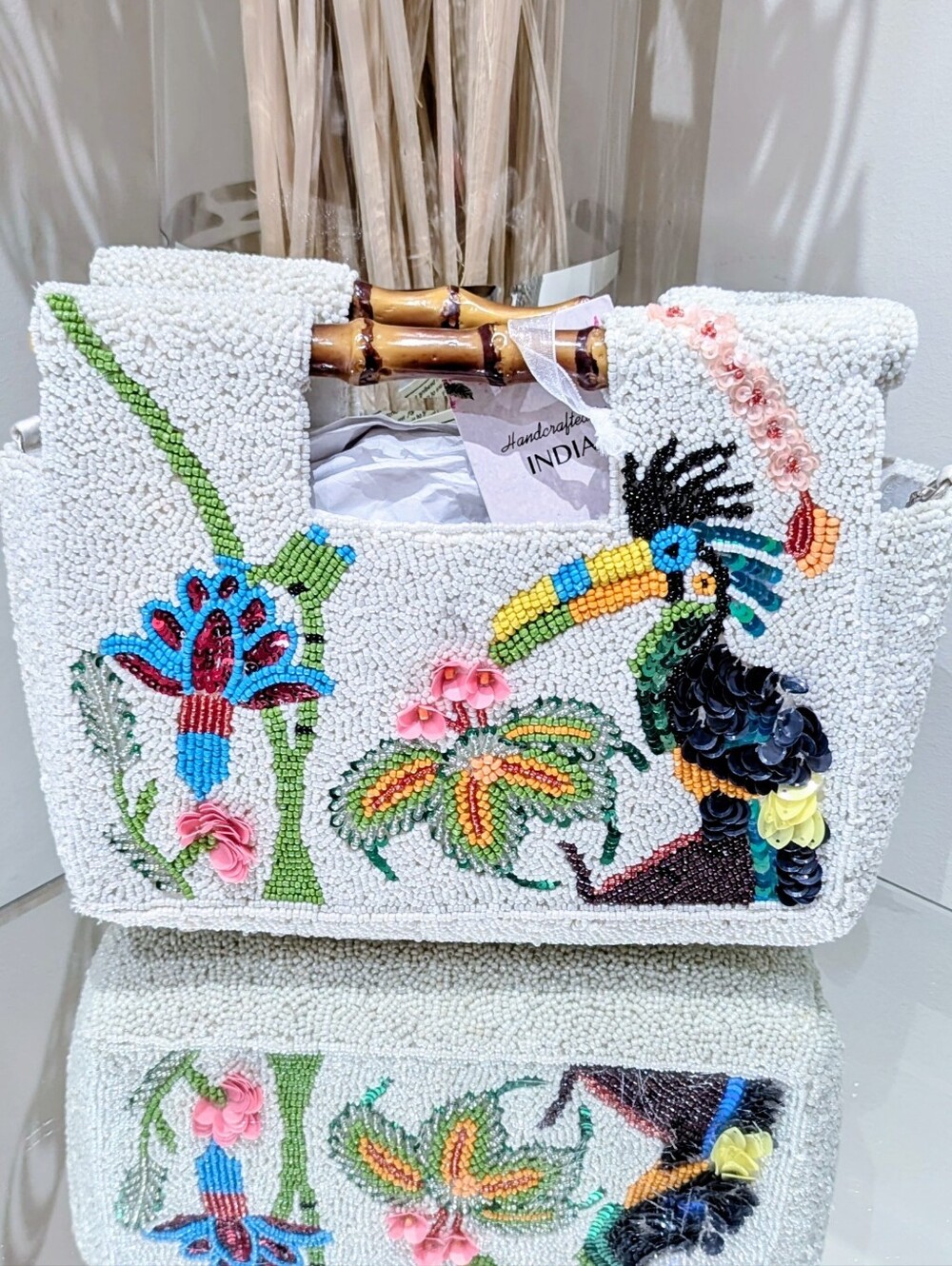 NWT Handcrafted In India Toucan Beaded Bag Viral Tik Tok Wooden Handles